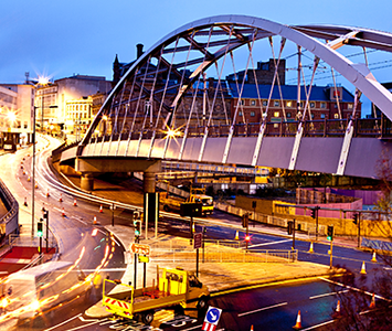 The iconic Sheffield Tram Bridge in the heart of the city centre